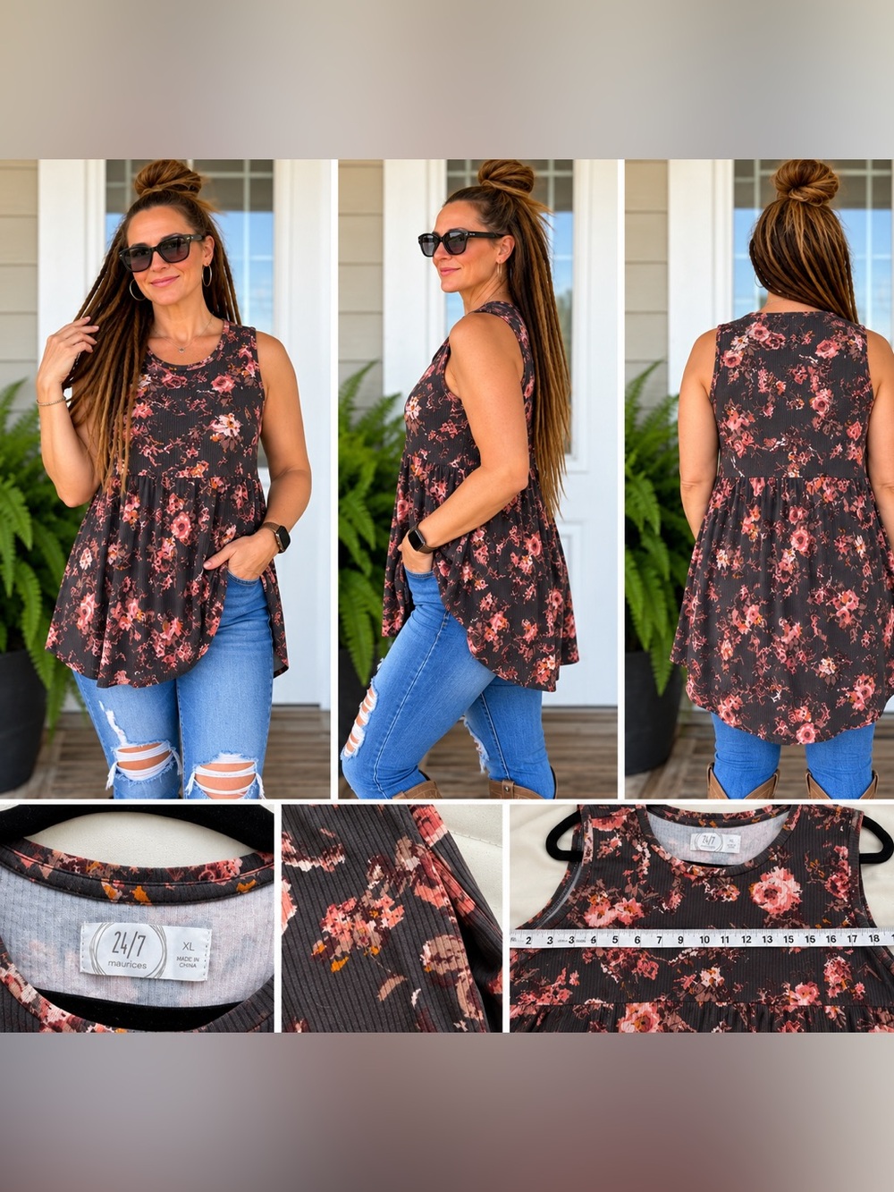 Sleeveless Floral Swing Tank Top - Black with Pink Floral